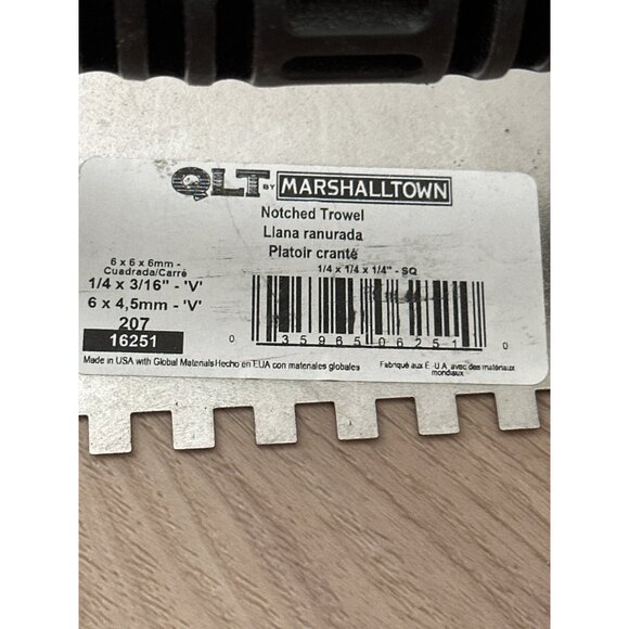 Marshalltown QLT Notched Trowel 1/4" x 3/16" V-Notch & 1/4" x 1/4" Square 6" x 4 - Picture 2 of 2